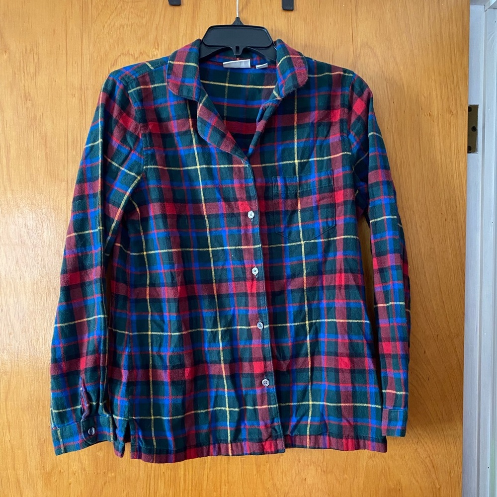 LL Bean Women's Green Red Scotch Plaid Pajama Flannel Top Size Small
